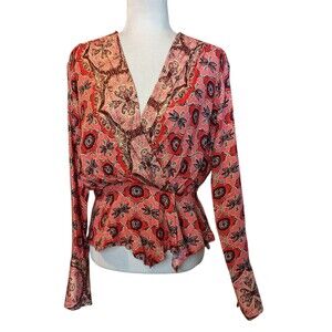 Free People Falling For You Top Sz Small Pink Orange Paisley Floral Deep V-Neck